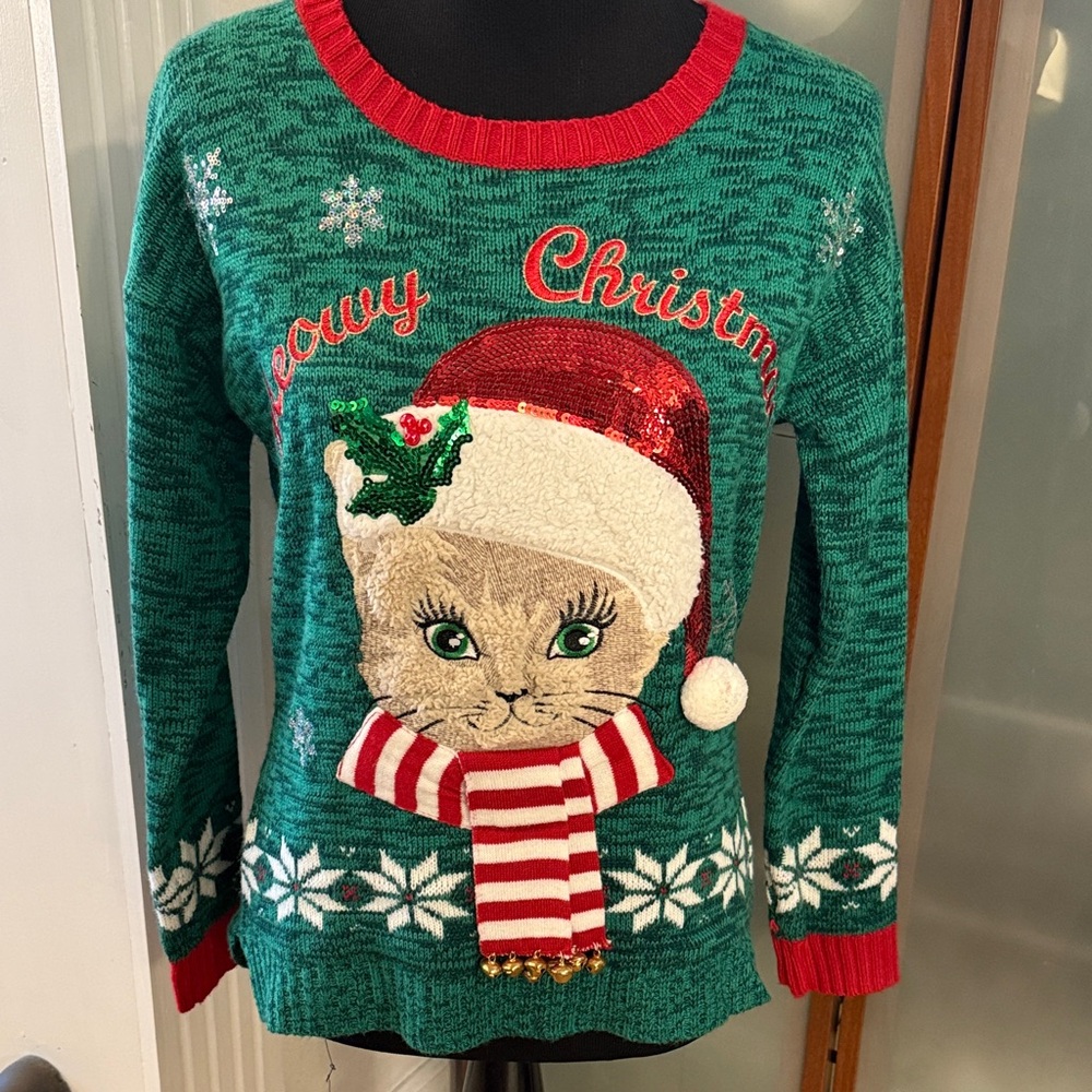 Festive Ugly Christmas Cat Sweater - Size S